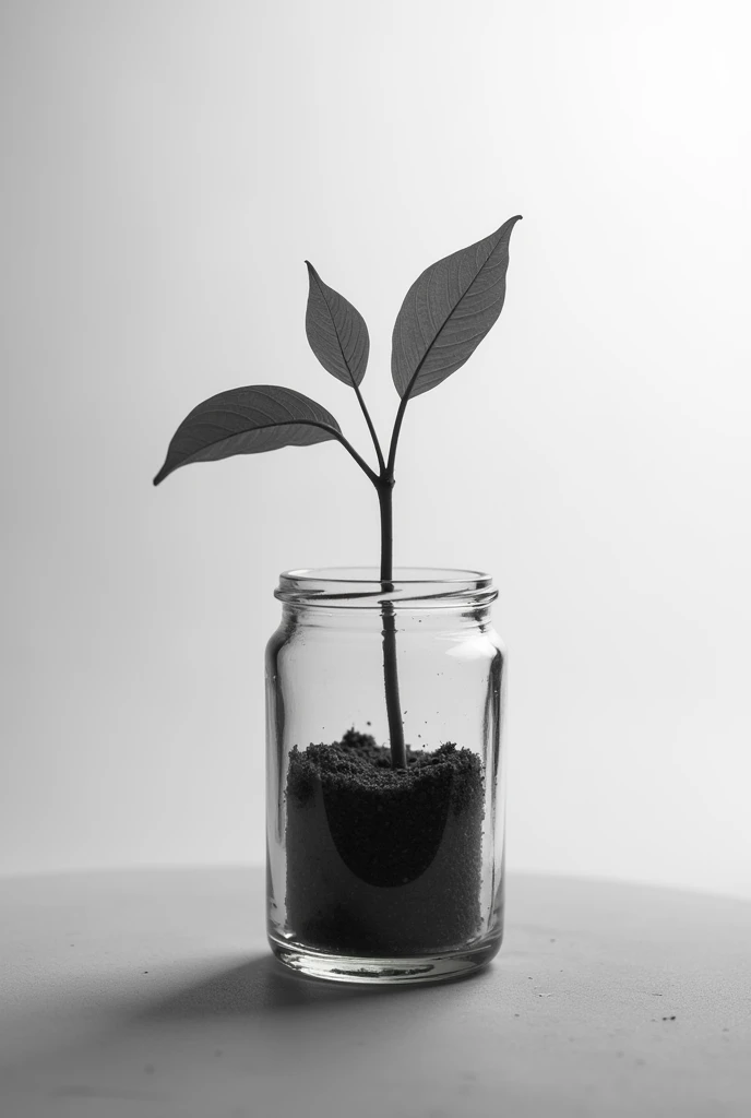 une image en noir et blanc d’un briquet à molette transparent avec une jeune pousse à l’intérieur qui sort par le trou du briquet avec deux feuilles