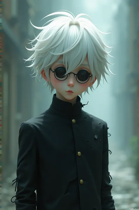 An animated adolescent boy with ghost-like white hair and a broken black uniform who wears round lenses and that is oil paint and the lines are noticeable 