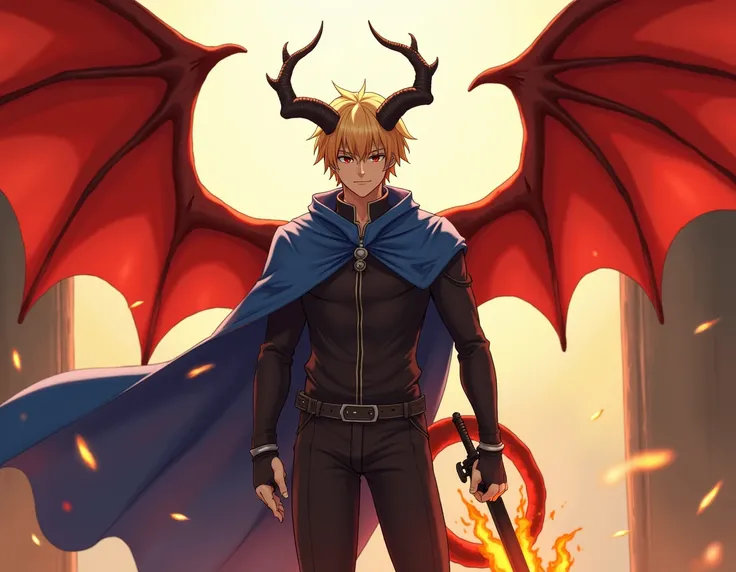 (Adult man:1.3), (solo), (short blond hair:1.2), (brown eyes:1.1), (blue cape:1.3), (slim body:1.1), (black dragon horns:1.3), (red dragon wings, tail:1.25), (black trousers:1.2), (serious look:1.1), (flaming blade in hand), (detailed:1.1), (warm light and...