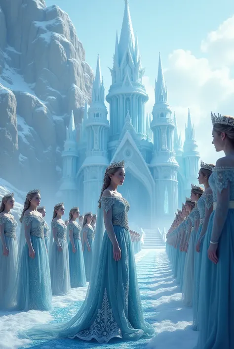 (photorealism:4.3) The women and men were lined up in front of the ice palace with dignity, and wearing ice royal clothes. with an ice atmosphere. 