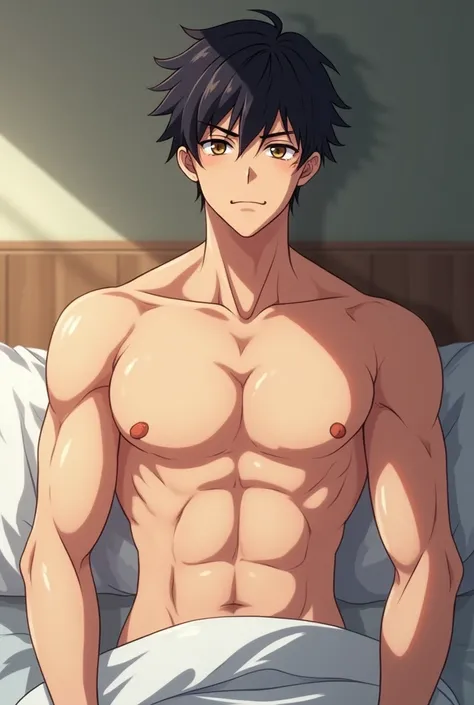 An 18-year-old anime guy pumped up gets out of bed with a relaxed face without clothes with a full-length small genital organ without covering his genitals with anything