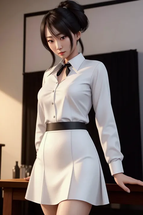 asian woman, petite woman, waitress outfit (white collared shirt, black skirt), brown hair, detailed face, detailed eyes, detailed mouth, shy expression, (best quality,4k,8k,highres,masterpiece:1.2),ultra-detailed,(realistic,photorealistic,photo-realistic:...