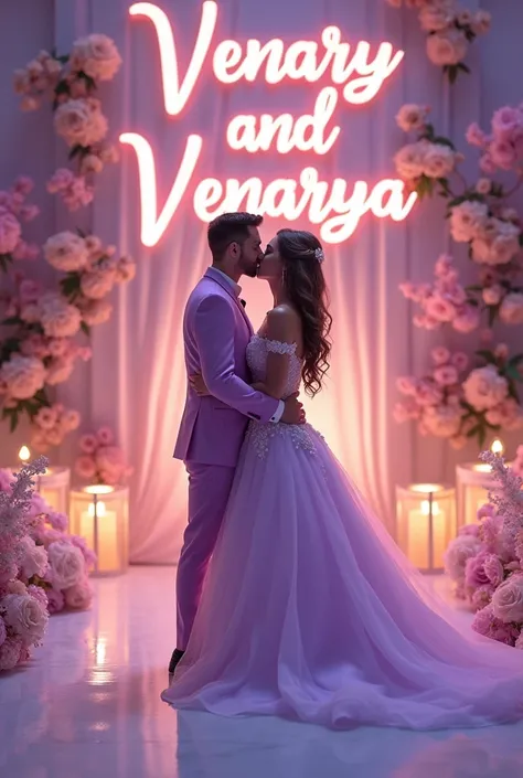 Create a 3D illusion for a profile picture where s couple standing at the aisle wearing a purple wedding suit, holding each other and kiss to the lips, the feature “venary and venarya” capital flowers words at the wall.