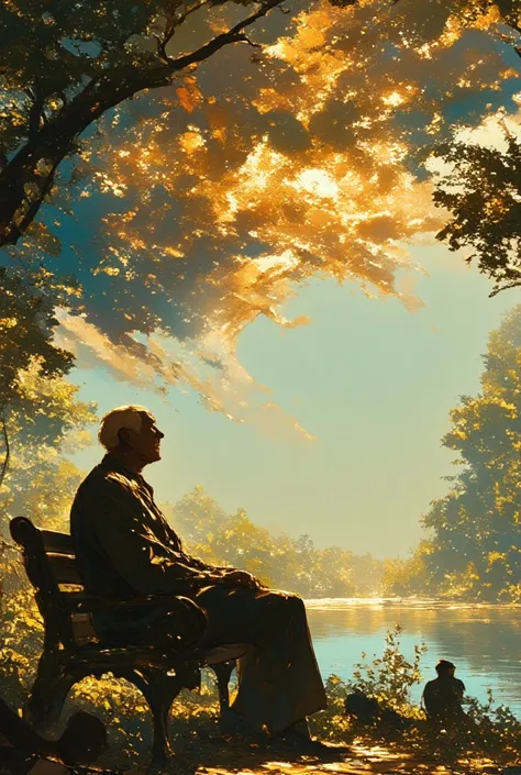 Elderly man (80 years old), sitting on a bench in a park, surrounded by trees, nature and animals; in front of a beautiful and bright lake; with a look of emotion and satisfaction, he remembers the beautiful moments of his past; he remembers the love encou...