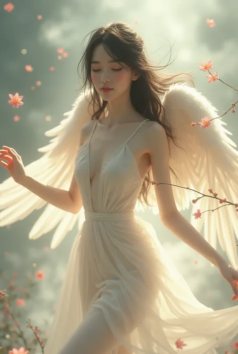 Realistic 3D sexy erotic beautiful japanese girl long bangs hair little smile in naked no outfit show art figure of peacful angel wings Dance and Heavenly Maiden Scattered Flowers vintage masterpieces and cultural with high artistic background blur big clo...