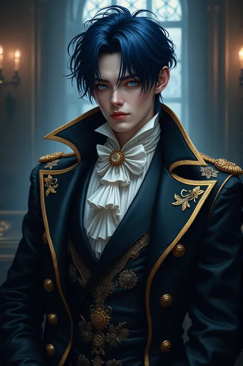 Man and gentleman in dark and gold clothes, with dark blue hair and light blue eyes 