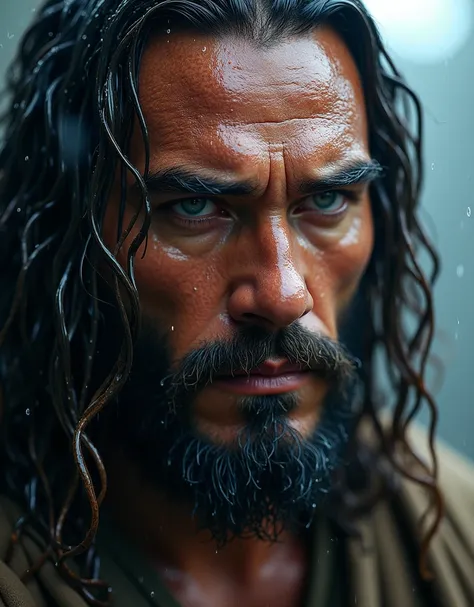 Close-up of Jesus in the rain, ,Photorealism, Jason Momoa as Assyrian, 9gag, visually striking scene, water manipulation with photoshop