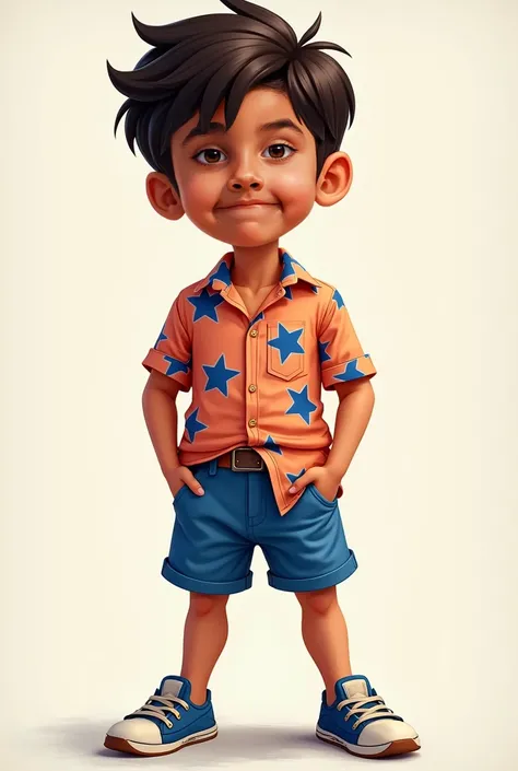  Create an image of a  boy wearing a salmon-colored shirt with blue geometric details, blue shorts in the same color as the details of the blouse ,  she is Brazilian and has dark brown hair 
