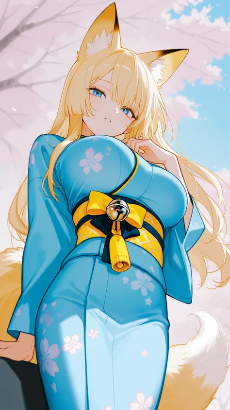 8k high resolution ( super detailed), masterpiece, ( top quality)　 animated illustration　 detailed eyes on board,  detailed face 　 detailed hands 　Fine hair　 very elaborate body 、 fine skin 　  One Girl 　 ( fox ear)　Fox&#39;s Tail　Blonde　 blue eyes　( kimono...