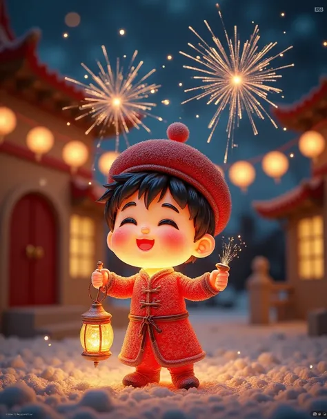 fireworks, 1boy, male focus, closed eyes, solo, open mouth, facial hair, smile, holding, mustache, blurry, long sleeves, standing, east asian architecture, chinese clothes, teeth, architecture, black hair, outdoors, hat, happy, ^_^, blurry background, lant...