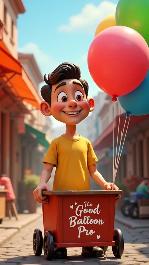 3D animation image, vibrant and bright colors, street view inside a market, looking like a 40-year-old balloon seller, charming smile, yellow t-shirt with his cart, on his cart he has the inscription "The Good Balloon Pro" with the font "better together sc...