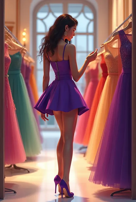 Young woman wearing purple short frock and chosing dresses in fashion shop (show the fullbody of woman)