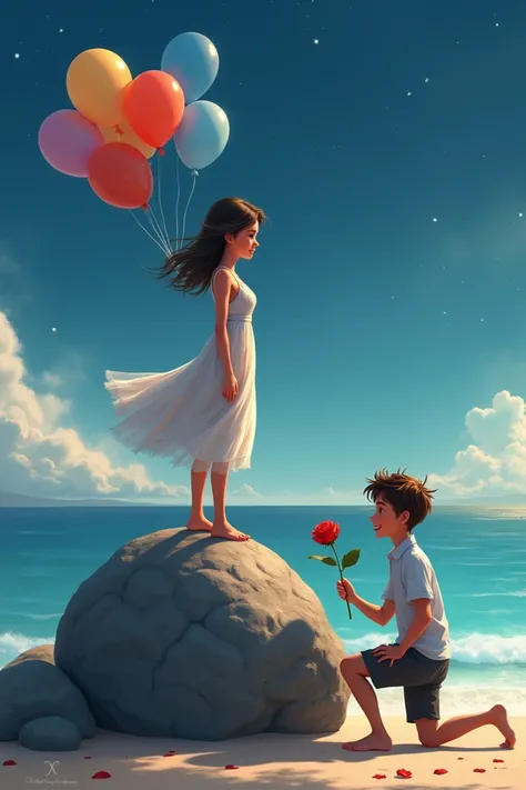 1A girl is standing on a rock next to the beach with balloons and a boy is proposing with a rose in his hand. A few clouds and stars in the sky.