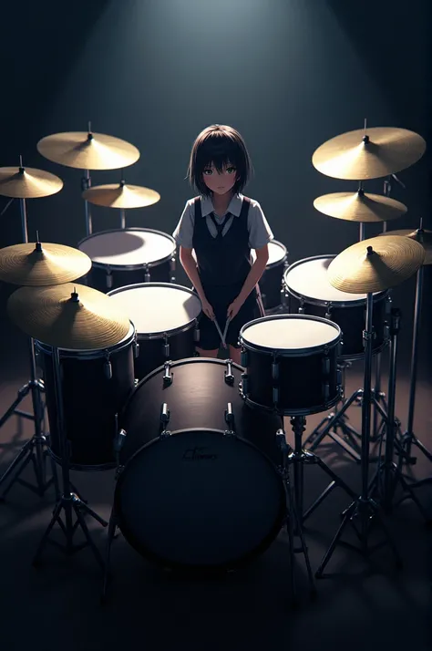 A high school girl playing a 9-PIECE massive drumset