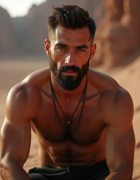 (highly detailed, detailed skin, detailed face, soft light, photorealistic, dynamic light; cinematic); 45 years old man; Greek; incredibly attractive; dark and brooding; masculine yet beautiful; hazel-green eyes; mysterious longing stare; intimate sexually...