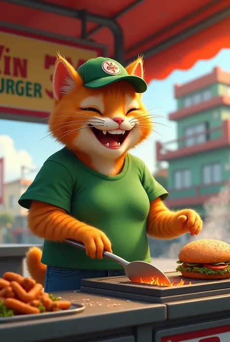 a laughing fat orange tabby cat wearing a cap and a green t-shirt and jeans cooking a burger at a roadside stall, the stall is called "yen cute burger" real picture