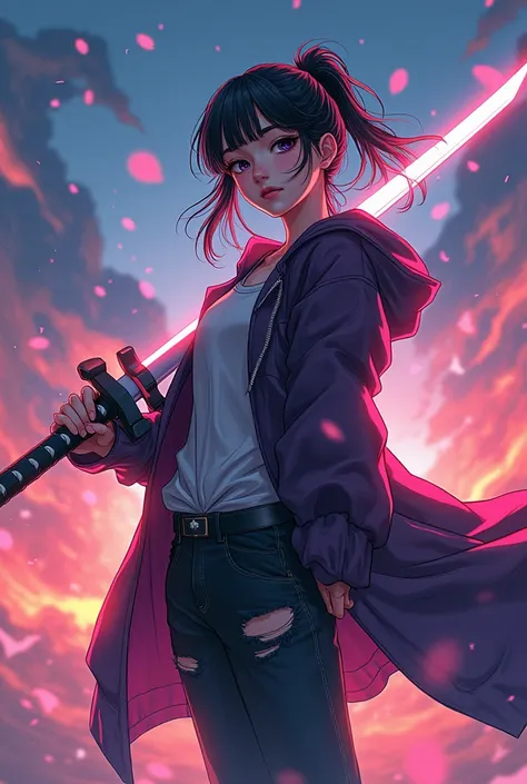 anime, modern girl, Digital art, Delicate and unstable line drawing, wielding an oversized giant katana, Modern clothing, coloful, Spectacular backdrop,