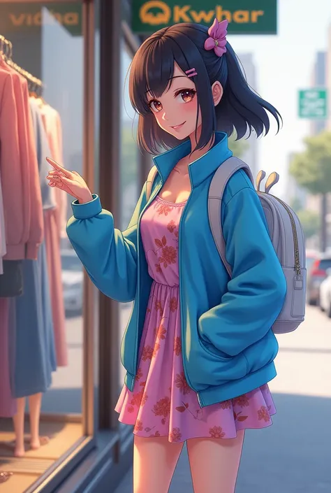  innovative _semaine_(Uma Musume), Fudang, barrette,  blue jacket , open jacket, printed dress , pink dress,  Window shopping, small breasts, high resolution, haut du corps,  smile, White backpack, Alone, Beast Quality