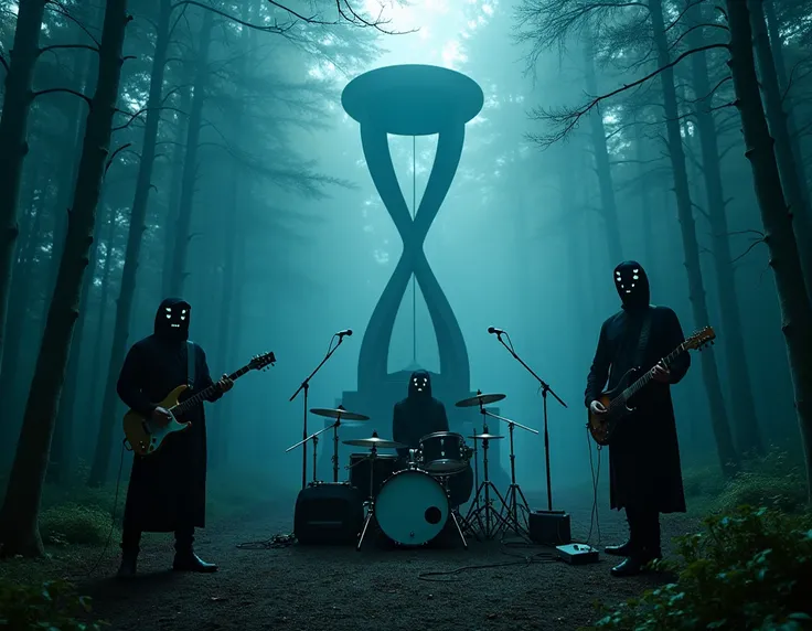  a three-piece rock band :  one standing with a guitar , one sings into a microphone ,  one is sitting drums in the woods wearing hologram masks,  in the background a man stands in front of a huge hourglass in the forest, cinematographic dark shot , ultrar...