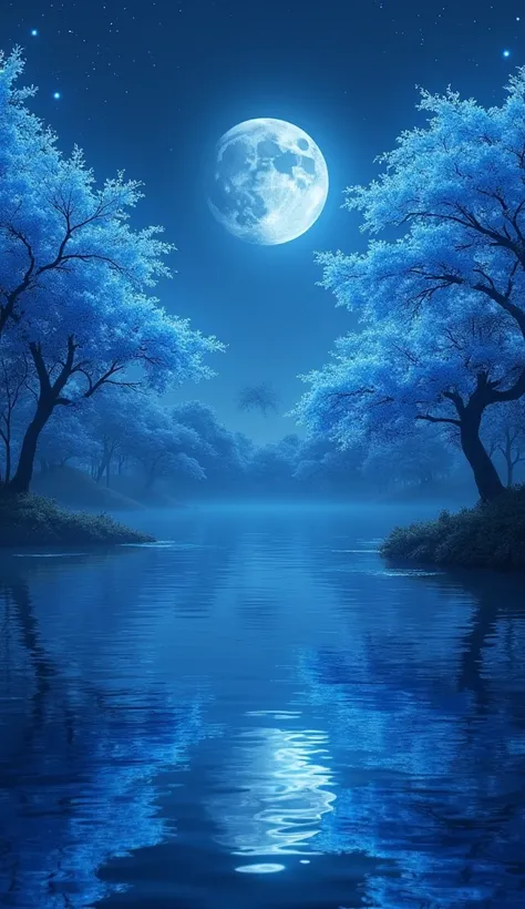 Night of the blue moon　Blue cherry blossoms blooming from the lake