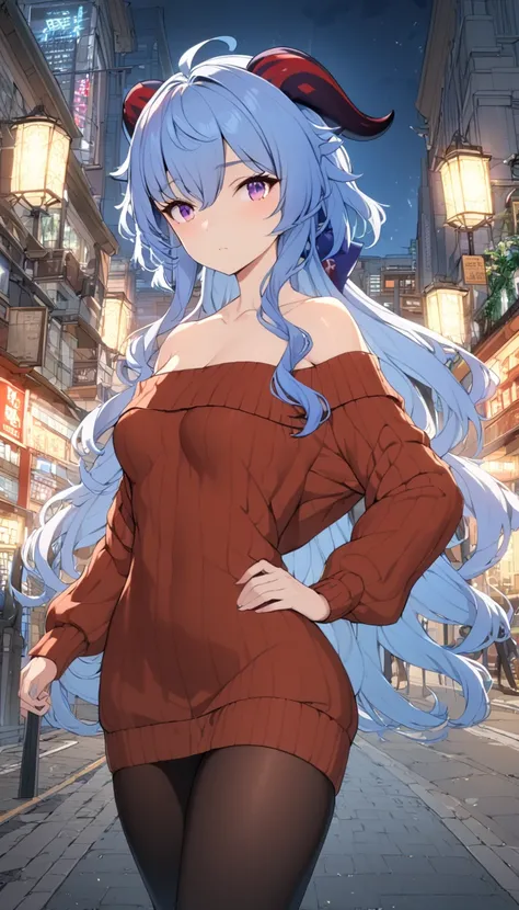 1 women, BREAK bare shoulders, collarbone, dress, long sleeves, off shoulder, off-shoulder dress, off-shoulder sweater, pantyhose, red sweater, sweater, sweater dress, thighs, long legs, big , skinny legs, anime cover, full body, ganyu, blue hair, goat hor...