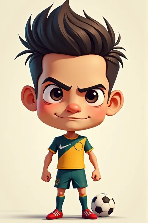 He should have exaggerated features like a larger head and eyes, wearing a simplified version of a soccer uniform (his team colors, but no logos). His expression should be confident and focused, with his iconic hairstyle slightly exaggerated