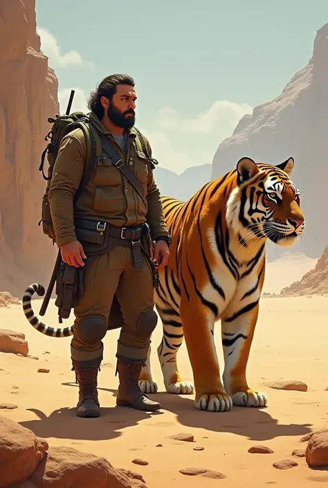 A man side-by-side with a giant tiger with the Desert