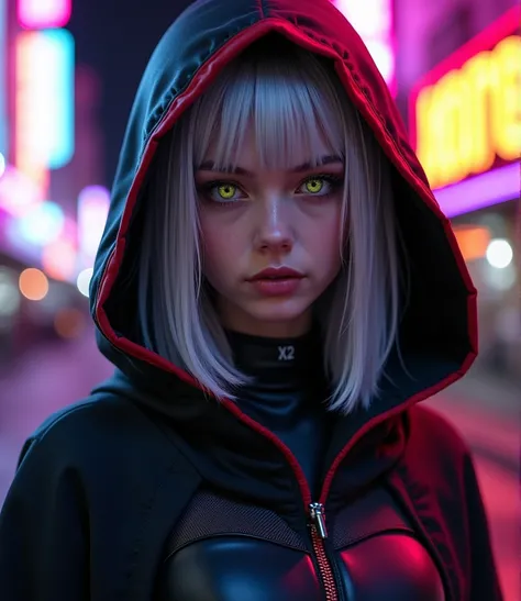 Subject: A close-up portrait of a young woman with a cyberpunk aesthetic, set against a neon-lit urban backdrop. The focus should be on her face and the details of her hooded attire, conveying a sense of cool confidence and a hint of mystery.
Character:
Ap...