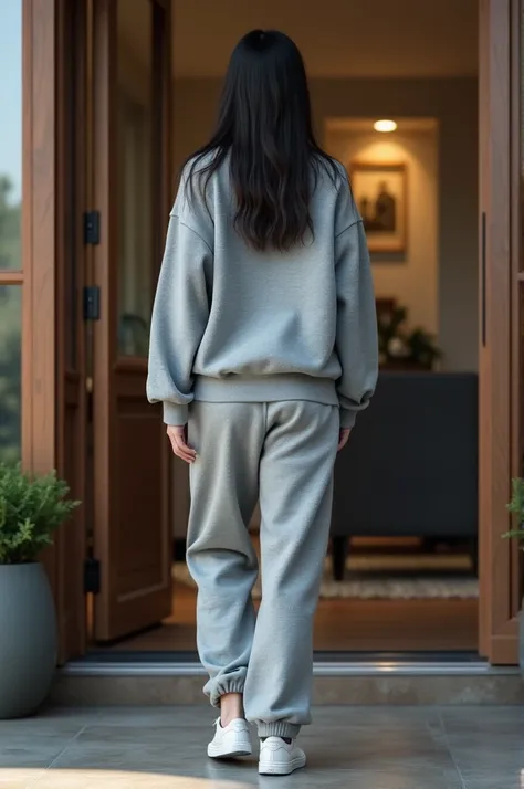  realistic, female,  back view , Entering the front door, baggy gray sweatshirt pants, padding, shot,  dark hair, hat