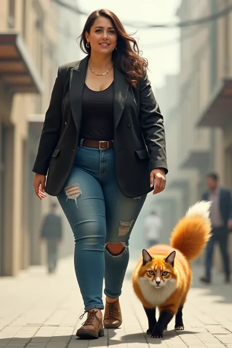 a large-bodied woman wearing blue jeans and a black blazer walks with a bushy bookish and yellow-colored fox cat