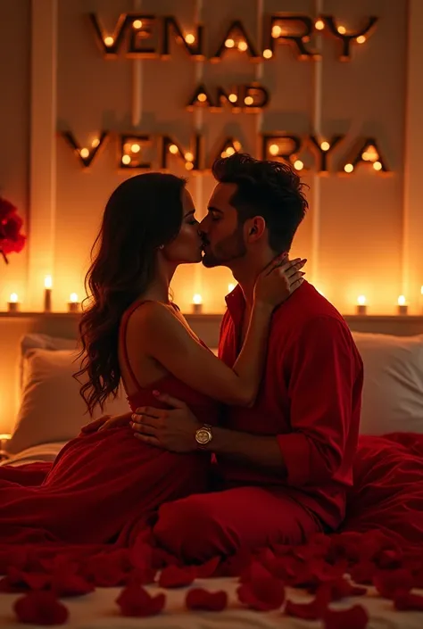 Create a 3D illusion for a profile picture where a couple sitting at there bed, wearing a red honeymoon suit, holding each other and kiss to the lips, they have candles and red rose petals at the bed, the feature “venary and venarya” capital flowers words ...