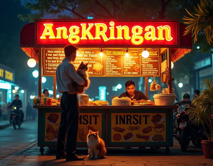 A large bright yellow banner with bold red and black writing reading "ANGKRINGAN NASI KUCING". At the bottom there is a long list of typical angkringan food menus such as (((nasi kucing))), (((nasi pecel))), (((sate telor puyuh))), (((sate usus) )), (( (sa...