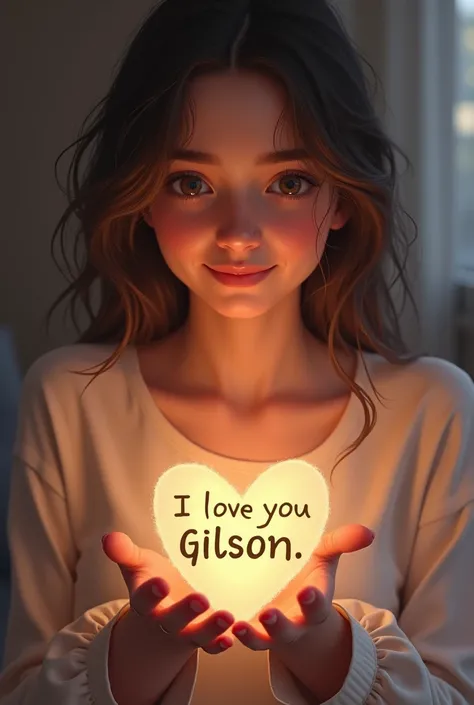  Make a young woman holding a written piece of paper "I love you Gilson " no paper