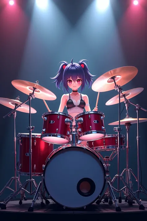 an anime girl playing a drum set with 10 pieces