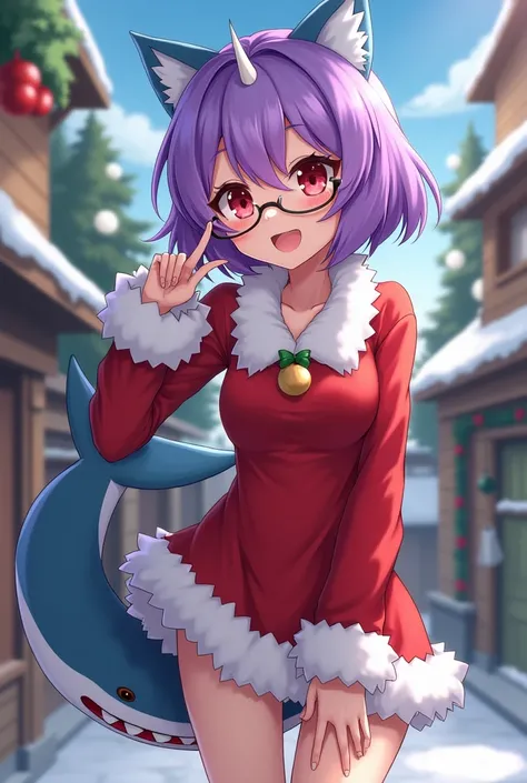 Anime wanita ikan hiu, pakai baju Christmas ,rambut berwarna purple ,Mata berwarna Merah ,pakai kacamata,
 di mulut,tanduk kecil berwarna Putih ,ekor ikan hiu 