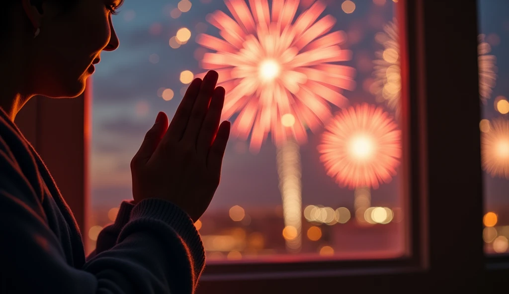 I want a real scene , of Real People,  a hand with the ren praying at the turn of the year watching fireworks out the window