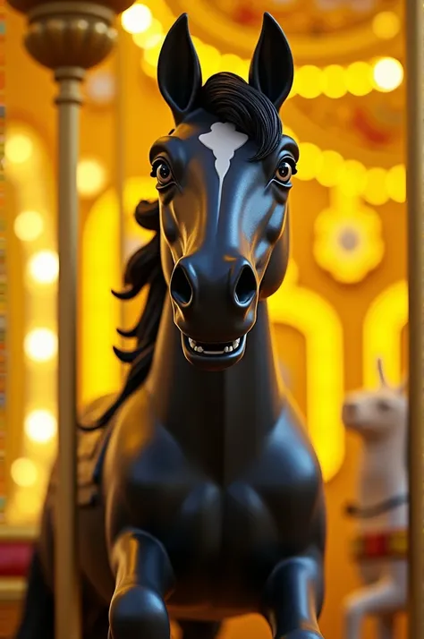 A funny black horse in a yellow carousel, looking to the camera with a smoky face