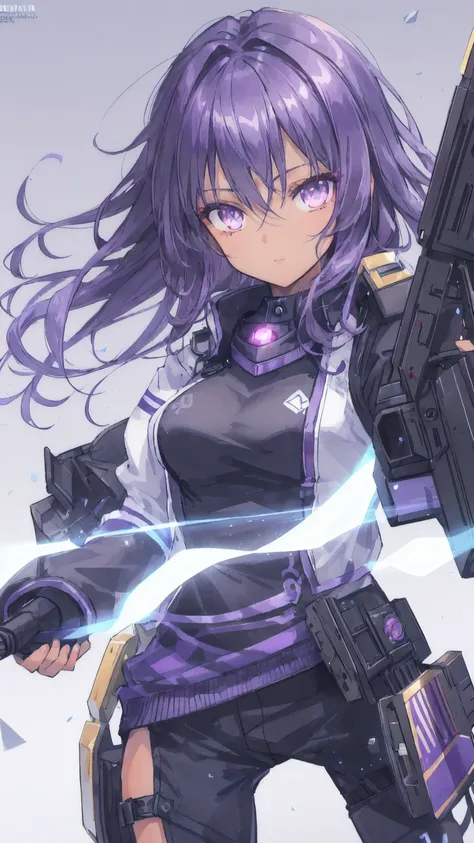  a cute girl with dark skin,  Sexy Body,   wavy purple hair   [with black shadows ], golden eyes (Shiny), Ultra-realistic eyes, Use a pistol ,  jumping with sniper gear ,  Valorant Riot game , Round Face,  Realistic Lighting , Radiosity, close up.