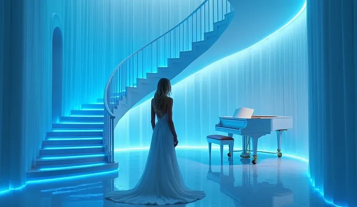 that&#39;  full of deep blue light  , Majestic,  Ice Blue Interior of a Modern Restaurant,  There is a large spiral staircase in front of the building  .,  has a white grand piano ,  blonde long hair, Elegant Russian woman  , Wear a long white tight dress ...