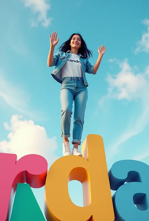  real picture of a beautiful Asian woman with black hair , wearing a white t-shirt with text  "Sandra", jaket jeans, celana jeans, Sports shoes , she is flying around standing on a colorful text lettering"Sandra" big thick .faces facing camera ,  smiling s...