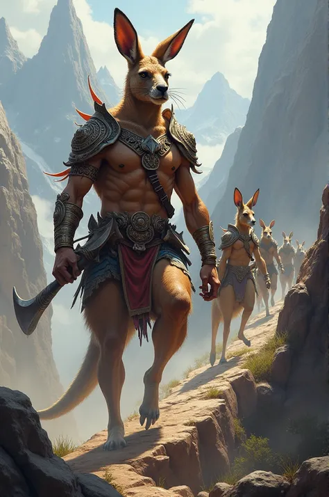 Kangaroo in warrior costume and kangaroos behind him climbing a mountain 