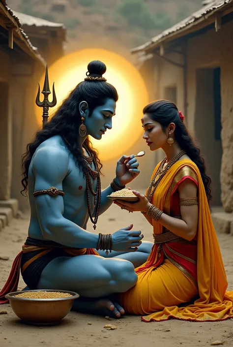 Lord siva, bluw body, wearing black bottom only dress, matted long hair, a yellow divine aura around his head, a snake in neck as ornament, holding a trident in one hand and a mud plate in other hand, receiving food from his wife parvathy, infront of a mud...