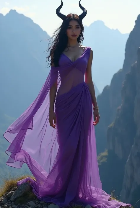 20 year girl in purple translucent saree on mountain top looking like succubus 