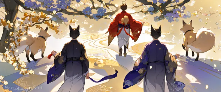 Character: male, 25 years old, two men in kimono walking backwards and one walking forwards, western prince and fox man facing backwards, blessing, handsome