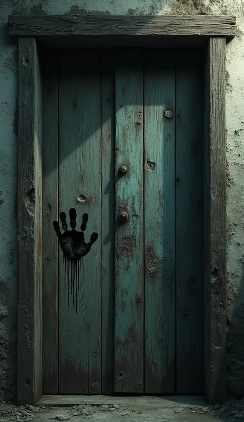 A close-up of an old, creaky wooden door with mysterious scratch marks and a faint handprint on it.