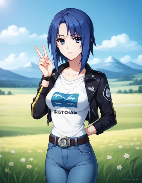 score_9, score_8_up, score_7_up, (ISUKI TASK), Adult female,  1 girl, solo,Blue Hair,  medium hair ,  asymmetrical hair,  hair over ears , Blue Eyes,clavicle, medium breasts,Crest,straight biker jacket,v-neck t-shirt with 5 minute sleeve,classic watch,Jean...