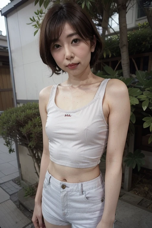 40yo,  short bob hair,  Japanese woman in shorts and a white tank-top, cute,   beautiful abs,  beautiful,  Physical : Smallest diaphragm ,   flat chested, 

