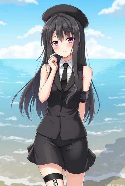 Whole body expression、 Japanese、woman、 pretty girl、１８age、 black hair long hair、 The bangs are aligned above the eyebrows 、 wearing a black sleeveless tuxedo、 wearing a black beret 、Equipped with a black armband 、 equipped with a black leg garter 、The backg...