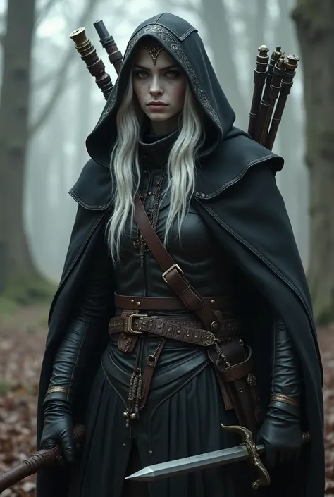  an elf with gray skin ,   wearing black leather clothes with a black hood so as not to be hit by the suns rays, black cover, big white hair,  the clothes with small gold details ,  with a quiver on the back ,  a rapier at the waist ,  with a felt with two...