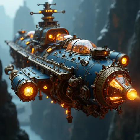 a steampunk spaceship, detailed mechanical gears, cogs, and pistons, brass and copper accents, industrial textures, epic sci-fi landscape, glowing neon lights, volumetric lighting, intricate details, cinematic lighting, highly detailed, 8k, photorealistic,...